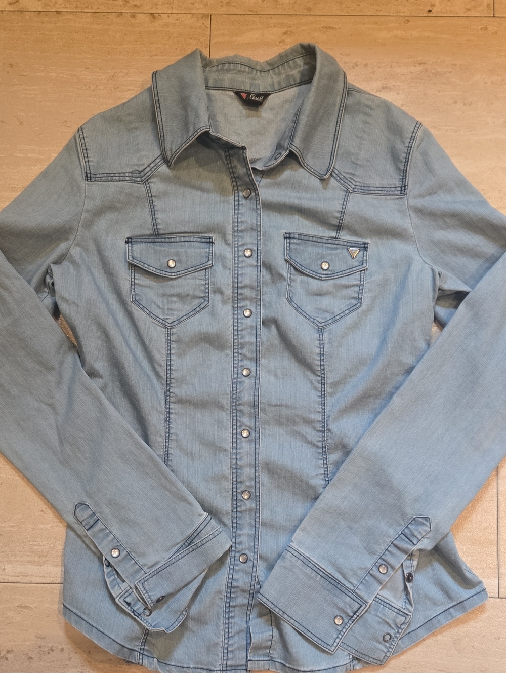 Guess Light Blue Denim Western Vibe Snap Down Fitted Shirt